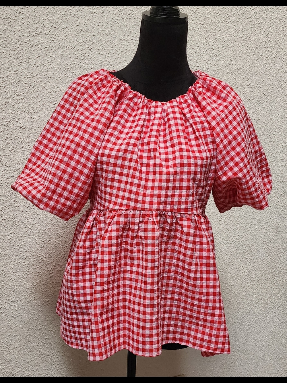 Hyacinth House Women's Red and White Gingham Puff-Sleeve Blouse Size XS